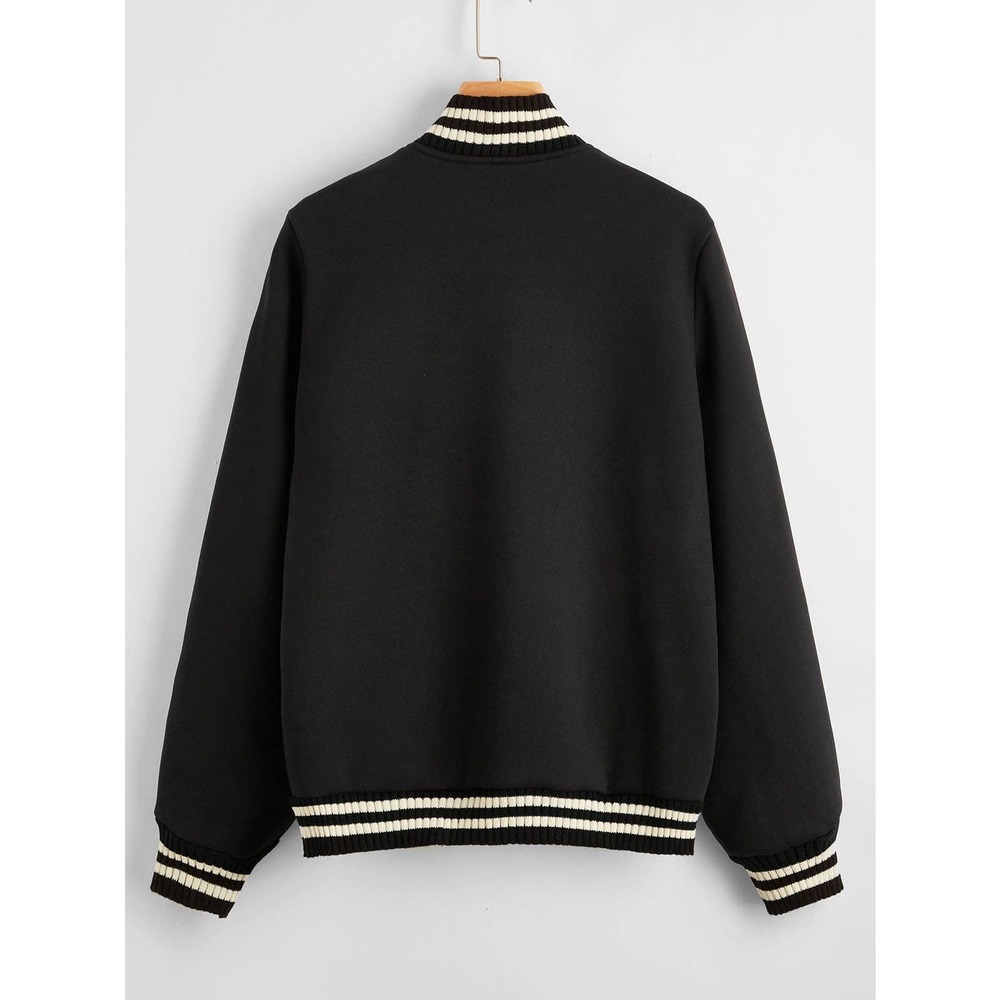 Striped Button Up varsity Bomber Jacket black white preppy vintage letterman - Picture 2 of 5